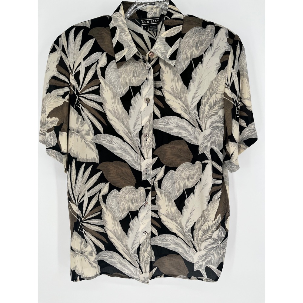 Vtg Silk Shirt Women M Black Tropical Leaves Short Sleeve Ann May Shoulder Pads